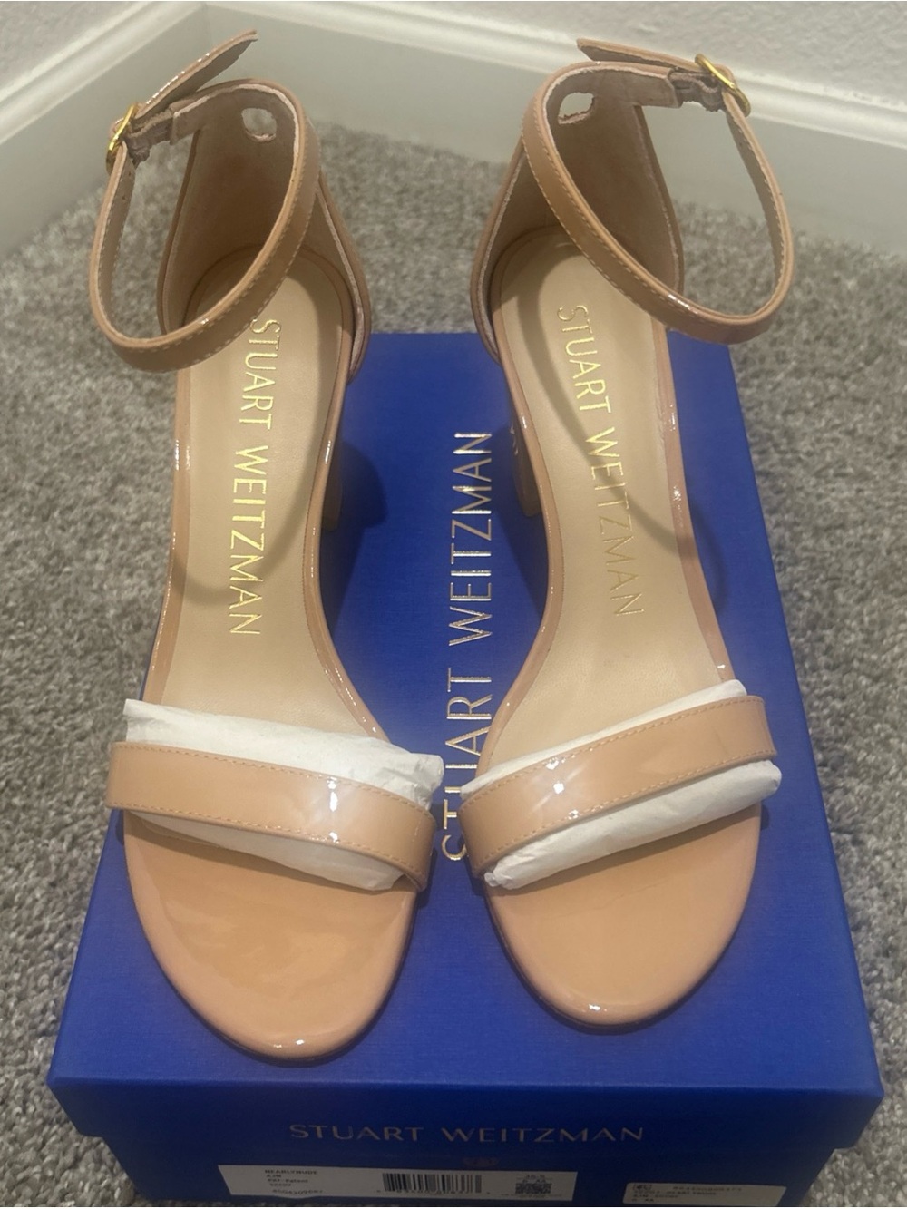 Stuart Weitzman nearlynude 75 Block patent leather Heel Sandal 6AA Beige Nude